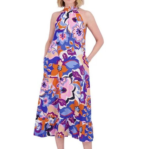 Eliza J Size 4 Crepe Floral Print Halter Neck Sleeveless Sheath Midi Dress NWT - Picture 1 of 14
